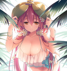  breasts cleavage closed_mouth collarbone commentary_request dress female flower granblue_fantasy hair_flower hair_ornament hanging_breasts large_breasts leaf leaning_forward long_hair looking_at_viewer mizuno_sao monster_girl no_bra pink_hair plant_girl pointy_ears revision smile solo twintails white_background white_flower yellow_eyes yggdrasil_(granblue_fantasy) 