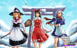  4girls ascot blonde_hair blue_hair bow braid broom brown_eyes brown_hair cirno commentary_request detached_sleeves english_text grand_theft_auto grand_theft_auto_v green_eyes grin hadant hair_tubes hairbow hakurei_reimu hat holding izayoi_sakuya kirisame_marisa knife large_bow long_hair maid_headdress multiple_girls parody perfect_cherry_blossom photoshop_(medium) scarf smile snow torii touhou twin_braids witch_hat yellow_eyes 