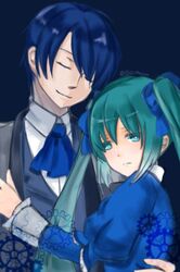  1boy akutoku_no_judgement_(vocaloid) aqua_hair blue_dress blue_hair chaban_capriccio_(vocaloid) closed_eyes commentary_request dress female gallerian_marlon gears hair_ribbon hatsune_miku heartbeat_clocktower_(vocaloid) judge kaito_(vocaloid) long_hair mayo_(mayone-u) protected_link ribbon serious short_hair smile twintails twitter_username very_long_hair vocaloid 