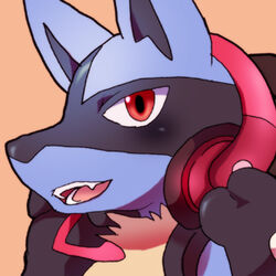  1:1 ambiguous_gender anthro black_headphones blue_body blue_fur canid canine electronics fur generation_4_pokemon headphones looking_at_viewer low_res lucario mammal multicolored_headphones nintendo open_mouth pokemon pokemon_(species) red_eyes red_headphones ruri_tsubame smile solo teeth tongue 