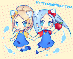  2girls :3 animal_ears apple blonde_hair blue_eyes blue_hair blue_skirt cat_ears commentary_request food fruit hair_ornament hair_ribbon hairclip hello_kitty holding_hands idunn_&amp;_idunna kaki_s kemonomimi_mode kittyn_&amp;_mimmyna long_hair looking_at_viewer multiple_girls open_mouth photoshop_(medium) ponytail puzzle_&amp;_dragons ribbon sanrio skirt smile whiskers 