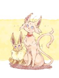  3:4 ambiguous_gender blue_eyes canid canine duo eevee eeveelution espeon feral generation_1_pokemon generation_2_pokemon kemono mammal nintendo pipisan pokemon pokemon_(species) purple_eyes simple_background white_background yellow_background 