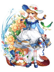  :d antweiyi basket bird black_footwear blue_dress blue_eyes bluebird bow braid commentary_request dress female flower hairbow hat hat_flower highres looking_at_viewer mary_janes open_mouth photoshop_(medium) shoes skirt_hold smile socks solo standing twin_braids water watering_can white_hat white_socks 