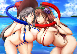  2girls :d armpits beach blush bol_(liliymimi) breast_press breasts collarbone commentary_request day flower granblue_fantasy hair_flower hair_ornament hat highres large_breasts lipstick long_hair looking_at_viewer magisa_(granblue_fantasy) magnet makeup multiple_girls navel open_mouth outdoors rosetta_(granblue_fantasy) sidelocks slingshot_swimsuit smile swimsuit symmetrical_docking wet witch_hat 