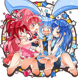  &gt;_&lt; 4girls :o aida_mana aino_megumi ao_yasai blue_bow blue_eyes blue_hair blue_skirt blush bow brooch closed_eyes color_connection commentary_request crown crown_bow cure_lovely cure_princess dokidoki!_precure embarrassed flipped_hair gold_crown half_updo happinesscharge_precure! heart heart_brooch hishikawa_rikka in-franchise_crossover jewelry kneeling long_hair magical_girl mini_crown multiple_girls panties pantyshot pink_eyes pink_hair pink_skirt pointed_crown ponytail precure red_hair shirayuki_hime short_hair sitting skirt star_(symbol) surprised thighhighs twintails underwear white_panties wide-eyed wide_ponytail 