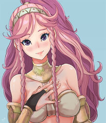  blue_background blush braid bridal_gauntlets commentary_request female fire_emblem fire_emblem_awakening gloves hairband high_ponytail lips long_hair mynare olivia_(fire_emblem) photoshop_(medium) pink_hair ponytail purple_eyes side_braid simple_background smile solo twin_braids upper_body 