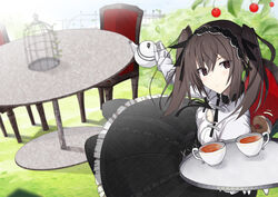  bad_id bad_pixiv_id birdcage black_bow black_dress black_hairband black_legwear bow brown_eyes brown_hair cage chair commentary_request cup dog_tail dress female gloves hairband holding holding_teapot iriam koma_shibari long_hair maid_day mirai_akari&#039;s_new_virtual_youtuber_illustration_contest on_chair sitting solo table tail tea teacup teapot twintails vane_(vane0) virtual_youtuber white_gloves 