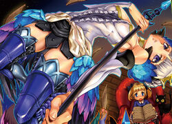  2girls :o alice_(odin_sphere) arm_warmers armor armored_dress black_bow blonde_hair blue_eyes book bow chair colored_sclera commentary_request feline greaves gwendolyn_(odin_sphere) hairbow miniskirt multicolored_wings multiple_girls odin_sphere polearm purple_eyes short_hair short_twintails sitting skirt socrates_(odin_sphere) spear thighhighs twintails weapon white_hair wings yellow_sclera zunta 