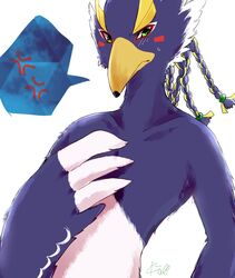  2018 anthro avian beak bird blue_body blue_feathers blush braided_hair breath_of_the_wild clothed clothing feathers front_view green_eyes hair hand_on_chest kiyorafrafran looking_at_viewer male nintendo revali rito simple_background solo standing the_legend_of_zelda topless white_body white_feathers 