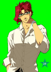  1boy aged_up bad_id bad_pixiv_id casual earrings glasses green_eyes jewelry jojo_no_kimyou_na_bouken kakyoin_noriaki male_focus red_hair scar solo stardust_crusaders tktg watch wristwatch 