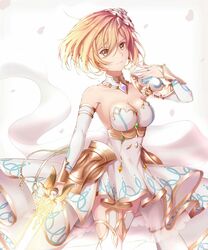  bad_id bad_pixiv_id blonde_hair breasts choker cleavage collarbone cowboy_shot detached_sleeves djeeta_(granblue_fantasy) dress female floating_hair glorybringer_(granblue_fantasy) granblue_fantasy hair_between_eyes hair_ornament highres holding holding_sword holding_weapon jewelry medium_breasts resuta ring short_dress short_hair simple_background sleeveless sleeveless_dress smile solo standing striped_clothes striped_dress sword thighhighs weapon white_background white_dress white_thighhighs yellow_eyes 