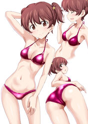  alisa_(girls_und_panzer) arm_behind_head ass ass_visible_through_thighs bare_arms bare_legs bare_shoulders bikini breasts cleavage closed_eyes closed_mouth collarbone commentary_request contrapposto female freckles gin&#039;you_haru girls_und_panzer hair_ornament halterneck hand_up highres light_smile looking_at_viewer medium_breasts multiple_views navel pink_bikini shiny_clothes short_twintails simple_background standing star_(symbol) star_hair_ornament swimsuit twintails white_background 