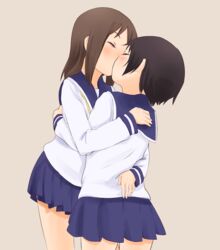  2girls arms_around_waist beige_background black_hair blue_skirt blush brown_hair closed_eyes commentary_request hasegawa_fumi hug kissing long_hair long_sleeves multiple_girls okano_kei pleated_skirt sailor_collar school_uniform serafuku short_hair simple_background skirt standing uasi yuri yuyushiki yuyushiki&#039;s_school_uniform 