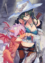  1boy arm_around_neck arm_grab armor bad_id bad_pixiv_id bandaged_head bandages bodice breasts brown_eyes cleavage coat collarbone colored_skin cowboy_shot demon_boy demon_wings female finger_to_cheek greaves green_eyes green_hair grin hair_over_one_eye hand_on_another&#039;s_cheek hand_on_another&#039;s_face hat hat_ornament height_difference horns jewelry leather leather_pants light_purple_hair light_rays long_coat long_hair long_sleeves looking_at_another medium_breasts midriff necklace nude oerba_yun_fang off_shoulder one_eye_closed open_clothes open_coat open_mouth orange_skin original pants pendant planted planted_sword purple_hair scabbard scales sheath sheathed shirt short_hair smile sunlight sword tail tears washi_no_tosaka weapon white_coat wings 