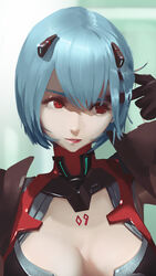  adapted_costume alternate_breast_size ayanami_rei bodysuit breasts cleavage cleavage_cutout clothing_cutout commentary eyebrows female hairpods hand_in_own_hair high_collar interface_headset large_breasts lips neon_genesis_evangelion photoshop_(medium) plugsuit red_eyes solo vafar7 