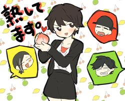  3boys =_= ^_^ anger_vein bad_id bad_pixiv_id black_eyes black_hair cherry closed_eyes earrings female food fruit hat heart jewelry kamen_rider kamen_rider_gaim_(series) kureshima_takatora lemon lock_dealer_sid melon minato_youko multiple_boys niwashigu_(mmttmm) open_mouth peach pencil_skirt sengoku_ryouma short_hair skirt smile 