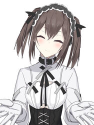  bad_id bad_pixiv_id black_choker black_dress black_hairband brown_hair choker closed_eyes closed_mouth commentary_request corset dress facing_viewer female gloves hairband head_tilt highres iriam koma_shibari long_sleeves mirai_akari&#039;s_new_virtual_youtuber_illustration_contest shirt smile solo twintails upper_body vane_(vane0) virtual_youtuber white_background white_gloves white_shirt 