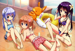  3girls absurdres ass barefoot bikini bikini_skirt blue_eyes blue_hair blush bracelet breasts brown_hair casual_one-piece_swimsuit cleavage feet flower front-tie_top gochuumon_wa_usagi_desu_ka? hair_flower hair_ornament highres hoto_cocoa hugging_own_legs inflatable_toy innertube jewelry kafuu_chino legs long_hair looking_at_viewer looking_back lying magazine_scan medium_breasts multiple_girls nyantype official_art okuda_yousuke on_floor on_stomach one-piece_swimsuit open_mouth plaid plaid_bikini polka_dot polka_dot_bikini polka_dot_swimsuit pool poolside purple_eyes purple_hair scan short_hair side-tie_bikini_bottom side_ponytail sitting smile soles swim_ring swimsuit tedeza_rize toes twintails water wet 