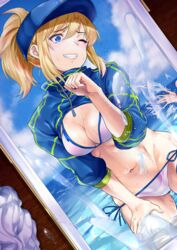  ;d absurdres ahoge ao_(time-leap) artoria_pendragon_(fate) baseball_cap bikini blonde_hair blue_eyes blue_headwear blue_sky breasts breath cloud cloudy_sky commentary_request cowboy_shot crosshatching cum cum_on_object day dutch_angle ejaculation fate/grand_order fate_(series) female furrowed_brow hand_on_own_thigh hat hatching_(texture) highres horizon implied_masturbation lips long_sleeves lowleg lowleg_bikini medium_breasts mysterious_heroine_xx_(fate) navel ocean on_table one_eye_closed open_mouth out_of_frame outdoors photo_(object) ponytail short_hair shrug_(clothing) side-tie_bikini_bottom sidelocks sky smile solo_focus splashing swimsuit table used_tissue wading water white_bikini zipper_pull_tab 