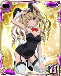  aiba_asagi animal_ears black_leotard brown_hair card_(medium) female leotard long_hair one_eye_closed playboy_bunny purple_eyes rabbit_ears solo strapless strapless_leotard strike_the_blood 