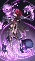  black_thighhighs cape commentary_request female fire fur_trim ganesagi granblue_fantasy lady_grey mature_female red_eyes red_hair short_hair solo thighhighs 