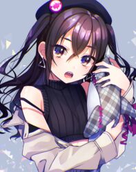  :o bare_shoulders bbbannooo beret black_hat black_sweater bra_strap breasts brown_eyes brown_hair commentary_request crop_top earrings female hair_between_eyes hand_up hat head_tilt highres hugging_doll hugging_object idolmaster idolmaster_cinderella_girls jacket jewelry long_hair long_sleeves looking_at_viewer midriff mole mole_under_eye off_shoulder open_clothes open_jacket open_mouth ribbed_sweater sharp_teeth sidelocks sleeveless sleeveless_turtleneck sleeves_past_wrists small_breasts solo stuffed_animal stuffed_shark stuffed_toy sunazuka_akira sweater teeth turtleneck two_side_up upper_body upper_teeth_only wavy_hair white_jacket 