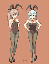  2girls animal_ears bare_shoulders blush breasts brown_hair cleavage commentary_request green_hair hands_on_own_hips highres kantai_collection kumano_(kancolle) long_hair looking_at_viewer medium_breasts multiple_girls pantyhose playboy_bunny ponytail rabbit_ears red_background smile suzuya_(kancolle) yuugiri_(u-slash) 