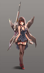  breasts brown_hair cleavage commentary_request female fishnet_thighhighs fishnets ftl:_faster_than_light garter_straps high_heels highres long_hair mecha_musume medium_breasts nesasio personification red_eyes skirt smile solo standing thighhighs wings yumemi_(kiowa) 