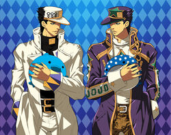  2boys aged_up bad_id bad_pixiv_id ball bird black_hair chains dual_persona hat jojo_no_kimyou_na_bouken kujo_jotaro long_coat multiple_boys penguin seal_(animal) star_(symbol) tktg 