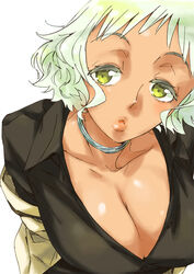  breasts cleavage commentary_request dark-skinned_female dark_skin english_text female green_hair hyakko jewelry katou_haruaki large_breasts looking_at_viewer necklace official_art ooba_minato parted_lips raised_eyebrows school_uniform short_hair simple_background solo white_background yellow_eyes 