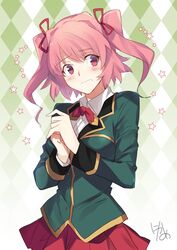  argyle_background blush commentary_request cowboy_shot female green_background highres hoshikawa_hikayu long_hair looking_at_viewer nikame own_hands_together pink_eyes pink_hair re:creators school_uniform solo tears twintails wavy_mouth 