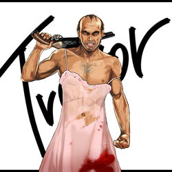  1boy blood camisole clenched_hand clenched_teeth commentary_request crossdressing dress ebba grand_theft_auto grand_theft_auto_v gun holding holding_gun holding_weapon looking_at_viewer male_focus manly navel nipples off_shoulder open_mouth photoshop_(medium) red_eyes shotgun simple_background solo spaghetti_strap teeth trevor_philips trigger_discipline weapon white_background 