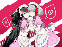  2girls admiral_graf_spee_(azur_lane) alternate_costume apron azur_lane black_hair blue_eyes bow bowtie cheek-to-cheek commentary deutschland_(azur_lane) dress food food_on_face frilled_apron frills hair_ribbon heads_together heart holding_hands holding_pastry_bag icing long_hair looking_at_another low_ponytail maid maid_apron maid_headdress md5_mismatch multicolored_hair multiple_girls pastry_bag pink_dress ribbon short_hair spoken_blush spoken_heart streaked_hair takeakigaku white_hair 