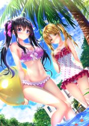  2girls ahoge arms_behind_back ball bare_shoulders beachball bikini black_hair blonde_hair blue_eyes blush breasts casual_one-piece_swimsuit cleavage commentary_request day frilled_bikini frilled_one-piece_swimsuit frills front-tie_top hair_ribbon highres large_breasts long_hair looking_at_viewer medium_breasts multiple_girls navel netoge_no_yome_wa_onna_no_ko_janai_to_omotta? one-piece_swimsuit outdoors plaid plaid_bikini polka_dot polka_dot_swimsuit purple_bikini ribbon segawa_akane smile swimsuit swordsouls tamaki_ako thigh_gap tree twintails wading water yellow_eyes 