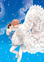  1boy bouquet bridal_veil bride brown_hair carrying closed_eyes commentary_request couple dress female flower formal full_body groom habuki happy husband_and_wife jewelry konno_makoto mamiya_chiaki open_mouth parody petals princess_carry ring short_hair straight suit toki_wo_kakeru_shoujo veil wedding wedding_dress wedding_ring white_dress white_suit 