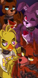  absurd_res animatronic anthro avian bear bib bird blue_eyes bonnie_(fnaf) bow_(feature) bow_tie brown_body brown_fur canid canine chica_(fnaf) chicken clothing exposed_endoskeleton eye_patch eyewear female five_nights_at_freddy&#039;s fox foxy_(fnaf) freddy_(fnaf) fur galliform gallus_(genus) glowing glowing_eyes group hat headgear headwear hi_res lagomorph leporid machine male mammal one_eye_closed phasianid pirate purple_eyes rabbit red_eyes robot robotic_tongue scottgames thehobbyhorse top_hat wink yellow_eyes 