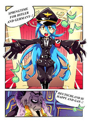  1boy alternate_costume azura_(fire_emblem) beard blue_hair commentary eighth_note english_commentary english_text facial_hair female fire_emblem fire_emblem_fates garon_(fire_emblem) gloves grey_eyes grey_hair highres military military_uniform music musical_note nazi photoshop_(medium) setz singing swastika sweat the_producers uniform yellow_eyes 