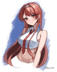  brown_hair collared_shirt crop_top dimos_(dawn_1945) dress_shirt female hair_down highres kantai_collection long_hair midriff necktie nevada_(kancolle) nevada_kai_(kancolle) one-hour_drawing_challenge red_eyes red_necktie shirt sleeveless sleeveless_shirt smile solo twitter_username upper_body white_shirt 