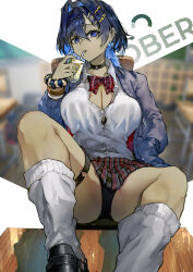  absurdres alternate_costume black_choker black_footwear black_panties blue_cardigan blue_eyes blue_hair bow bow_earrings bowtie bracelet breasts cardigan choker cleavage collared_shirt dress_shirt drinking drinking_straw earrings feet_on_table female gyaru hair_between_eyes hair_intakes hair_ornament hand_in_pocket highres holding_juice_box hololive hololive_english jewelry large_breasts loafers long_hair looking_at_viewer loose_socks multiple_piercings o-ring o-ring_choker open_cardigan open_clothes ouro_kronii panties pantyshot partially_unbuttoned plaid_clothes plaid_skirt pleated_skirt red_bow red_bowtie school_uniform scrunchie shirt shoes sitting skirt socks solo thigh_strap underwear virtual_youtuber vyragami white_shirt white_socks wrist_scrunchie x_hair_ornament 