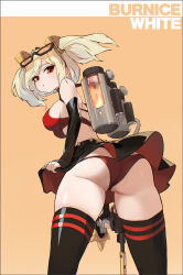  absurdres ass black_skirt black_thighhighs blonde_hair bra breasts burnice_white cowboy_shot expressionless eyewear_on_head female hair_between_eyes highres holding_flamethrower long_hair looking_at_viewer looking_back orange_background panties red_bra red_eyes red_panties rimeye sideboob sidelocks simple_background skirt solo sunglasses thighhighs thighs underwear zenless_zone_zero 