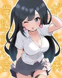  ;o absurdres black_hair black_thighhighs breasts cleavage collarbone collared_shirt commentary cowboy_shot daito_(daitooekakiaka) dress_shirt earrings female grey_eyes grey_skirt gyaru heart heart_earrings highres jewelry large_breasts long_hair love_live! love_live!_nijigasaki_high_school_idol_club miniskirt one_eye_closed one_side_up open_mouth orange_background outline partially_unbuttoned pleated_skirt school_uniform shirt short_sleeves skirt solo summer_uniform text_background thighhighs white_outline white_shirt yuki_setsuna zettai_ryouiki 