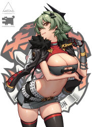  absurdres alternate_costume black_jacket black_shorts black_thighhighs breasts caesar_king_(zenless_zone_zero) cowboy_shot female fur-trimmed_jacket fur_trim green_hair hair_between_eyes hanwool_lee highres jacket large_breasts looking_at_viewer navel parted_lips prosthesis prosthetic_arm shorts sidelocks smile solo thighhighs thighs white_background yellow_eyes zenless_zone_zero 