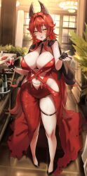  :d absurdres blush breasts cleavage clothing_cutout collarbone commentary dress female full_body goddess_of_victory:_nikke groin hair_between_eyes hair_flaps highres indoors large_breasts looking_at_viewer minus_zero69 navel navel_cutout open_mouth red_hair red_hood_(nikke) red_hood_(nonsense_red)_(nikke) sidelocks skindentation smile solo standing stomach 