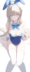  absurdres animal_ear_hairband animal_ears aqua_bow aqua_bowtie arm_support blonde_hair blue_archive blue_eyes blue_leotard bow bowtie breasts cleavage covered_navel detached_collar fake_animal_ears feet_out_of_frame female groin hairband halo highres leotard long_hair looking_at_viewer medium_breasts official_alternate_costume playboy_bunny rabbit_ear_hairband rabbit_ears simple_background sisoha sitting solo strapless strapless_leotard thighhighs toki_(blue_archive) toki_(bunny)_(blue_archive) very_long_hair white_background white_thighhighs wrist_cuffs 