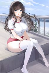  absurdres between_legs black_hair blue_eyes braid breasts buruma cleavage commission crop_top female floating_hair gym_uniform hand_between_legs highres korean_commentary large_breasts lillly lochi&#039;s_character long_hair looking_at_viewer midriff no_shoes open_mouth original outdoors red_buruma second-party_source see-through_cleavage see-through_clothes shirt short_sleeves sitting smile solo thighhighs thighs twin_braids white_shirt white_thighhighs 