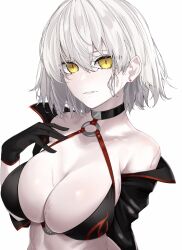  bare_shoulders bikini black_bikini black_gloves black_jacket breasts choker cleavage collarbone cropped_jacket fate/grand_order fate_(series) female gloves grey_hair highres jacket jeanne_d&#039;arc_alter_(fate) jeanne_d&#039;arc_alter_(swimsuit_berserker)_(fate) large_breasts long_sleeves looking_at_viewer o-ring o-ring_bikini off_shoulder ri_o_ne_su short_hair shrug_(clothing) solo swimsuit yellow_eyes 