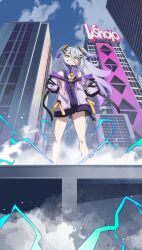  absurdres black_bra bra breasts cleavage dress female grey_hair hair_between_eyes hair_ornament hair_ribbon hairpin hand_on_own_hip henya_the_genius henya_the_genius_(1st_costume) highres jacket kuroi_enpitsu long_bangs long_hair looking_at_viewer purple_dress purple_jacket purple_ribbon ribbon sleeveless sleeveless_dress small_breasts smile solo two_side_up underwear very_long_hair virtual_youtuber vshojo yellow_eyes 