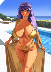  @_@ ahoge bikini blush breasts chair cleavage female gold_bikini hair_between_eyes hairband hex_maniac_(pokemon) highres large_breasts long_hair looking_at_viewer lounge_chair messy_hair narisokonai navel pokemon pokemon_xy pool poolside purple_eyes purple_hair purple_hairband shiny_swimsuit smile solo swimsuit water 