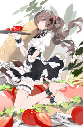  absurdres ankle_cuffs barefoot black_bow blush bodhi_wushushenghua bow breasts brown_hair cream_on_leg female foliage food french_fries fruit garter_belt highres hot_dog kneeling lettuce maid maid_headdress original pale_skin red_eyes restrained small_breasts soles strawberry tray twintails white_background 