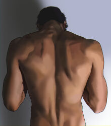  1boy arms_up back back_focus back_muscles black_hair commentary_request cowboy_shot dimples_of_venus from_behind highres korean_commentary male_focus nude original realistic shadow short_hair shoulder_blades solmuk0 solo 